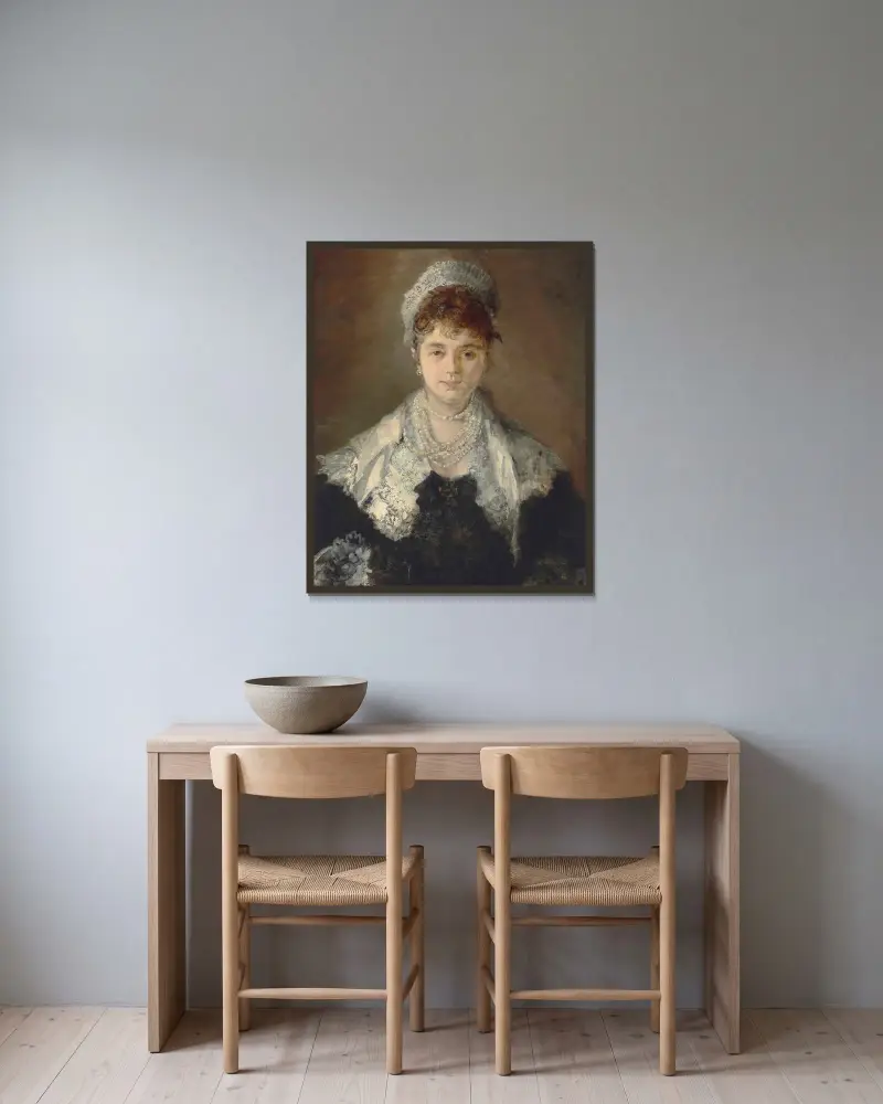 Porträt einer Dame, möglicherweise Johanna (Hanna) Elisabeth Maria von Klinkosch, Prinzessin Aloys von Liechtenstein von Hans Makart gerahmt an einer Wand