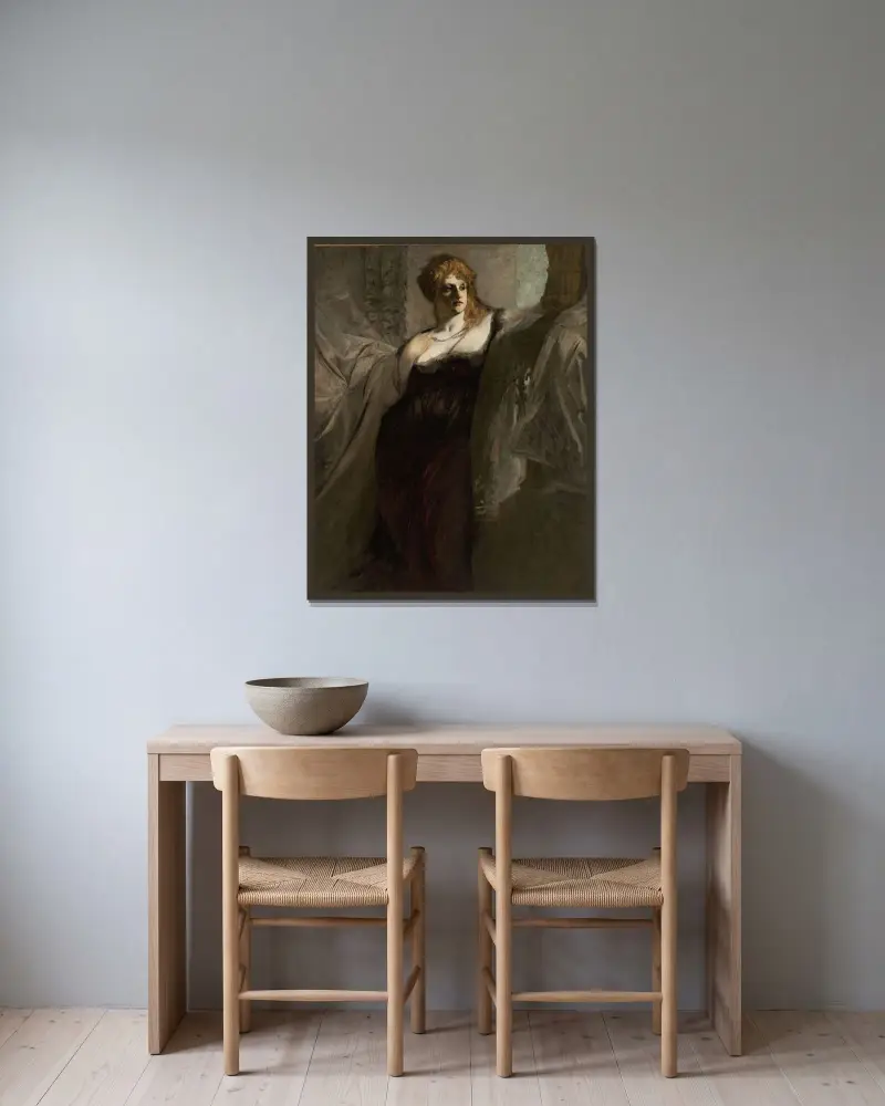 Porträtt av en ung kvinna av Hans Makart inramad på en vägg