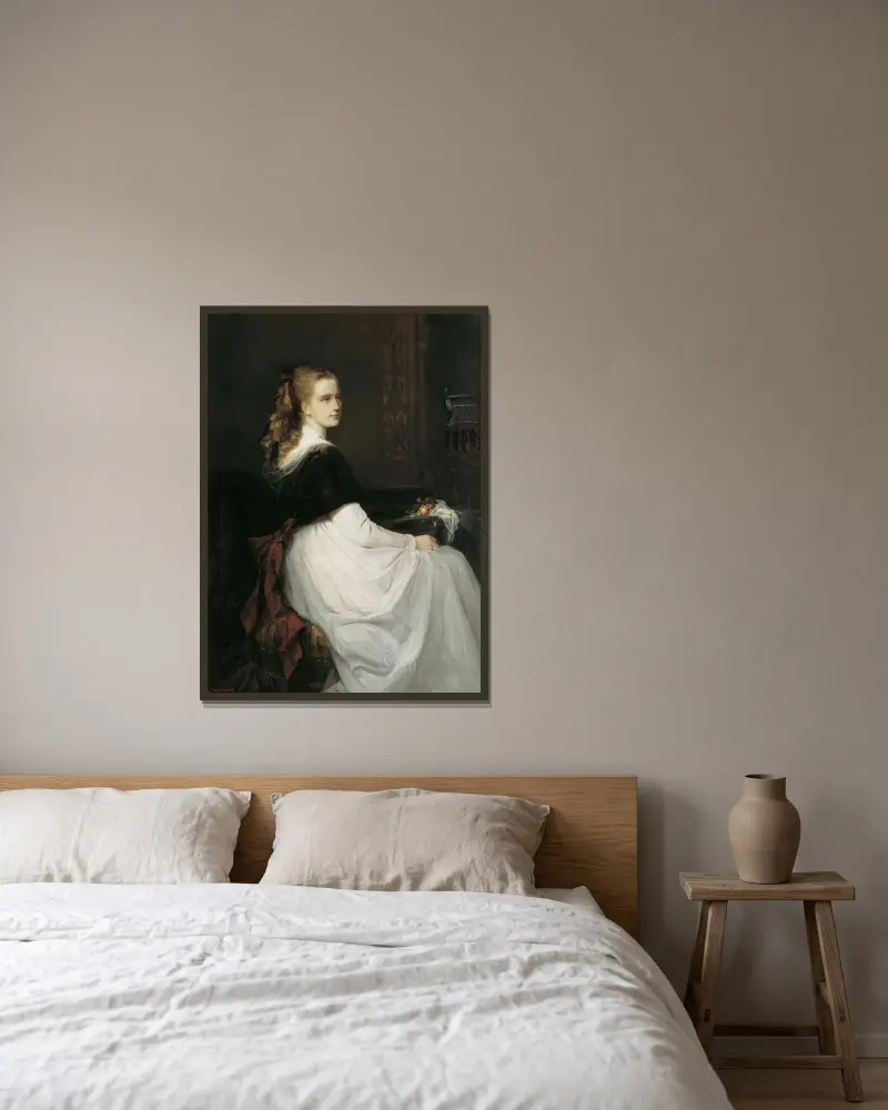 Porträtt av Eugenie Scheuffelen av Hans Makart inramad på en vägg