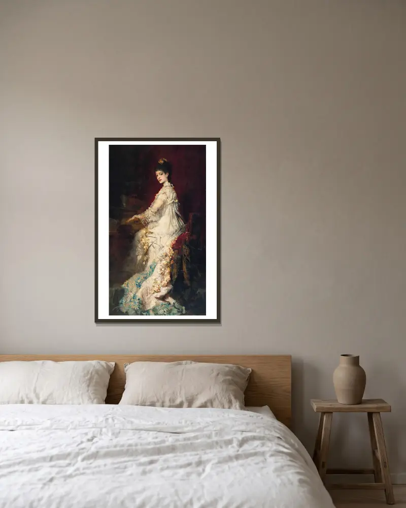 Porträtt av Maria, grevinna von Dönhoff av Hans Makart inramad på en vägg