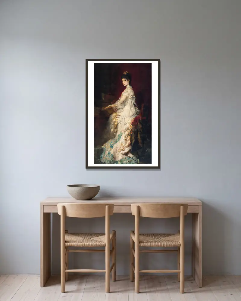 Porträtt av Maria, grevinna von Dönhoff av Hans Makart inramad på en vägg