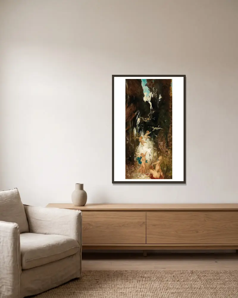 Putti Near A Forest Brook av Hans Makart inramad på en vägg
