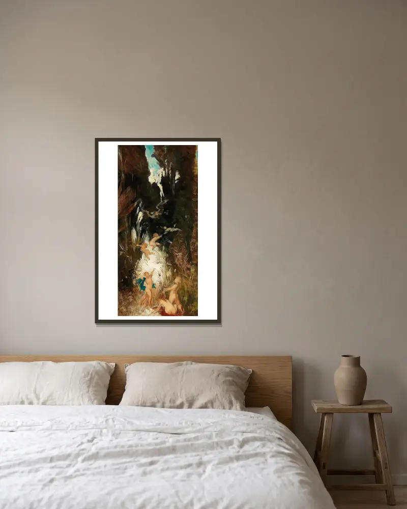 Putti Near A Forest Brook av Hans Makart inramad på en vägg