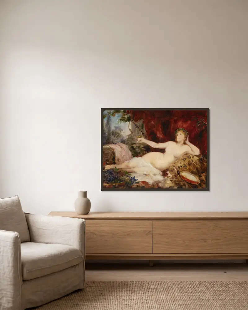 Ruhende Bacchantin von Hans Makart gerahmt an einer Wand