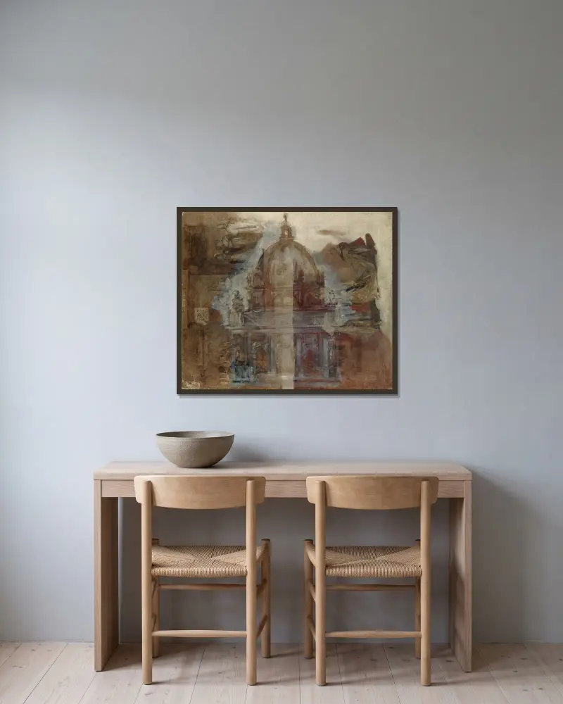 Skiss till en domkyrka av Hans Makart inramad på en vägg