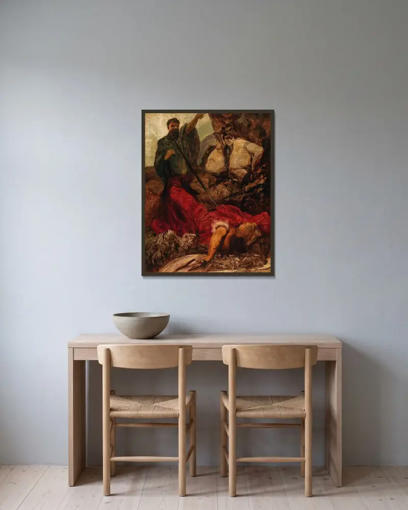 Siegfrieds död, jätten Hagen kastar Siegfried i en klyfta av Hans Makart inramad på en vägg