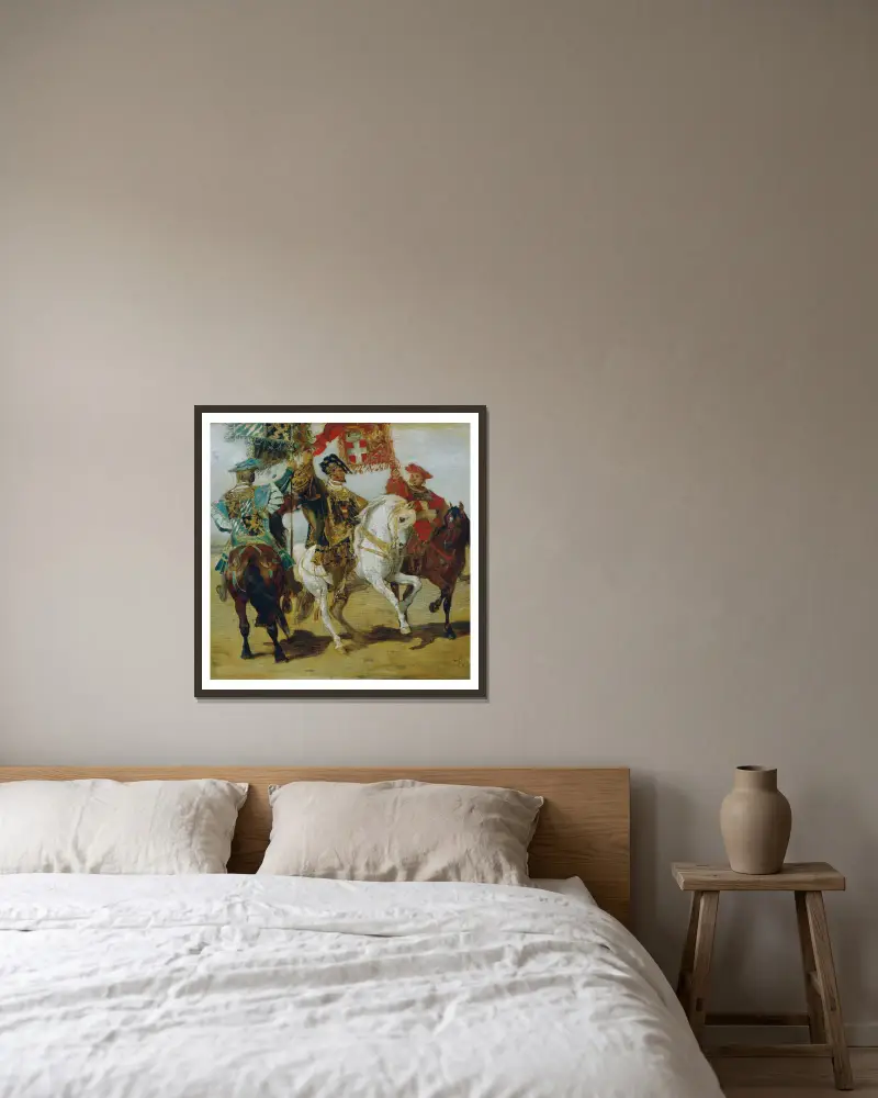 Drei aufgestellte Standartenträger von Hans Makart gerahmt an einer Wand