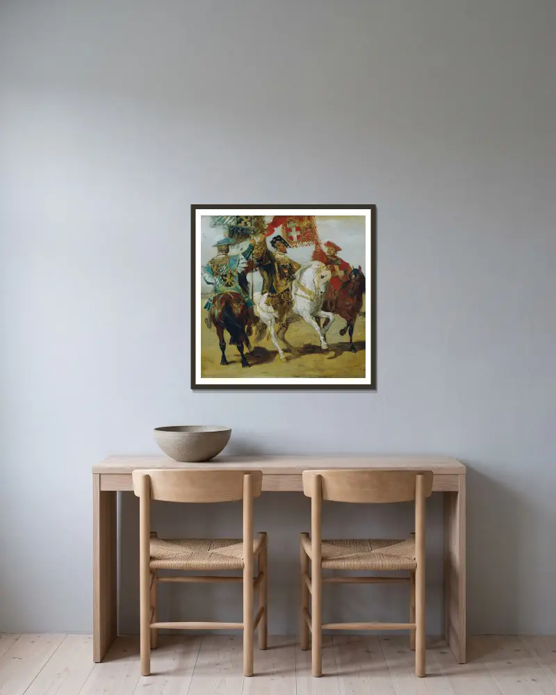 Drei aufgestellte Standartenträger von Hans Makart gerahmt an einer Wand