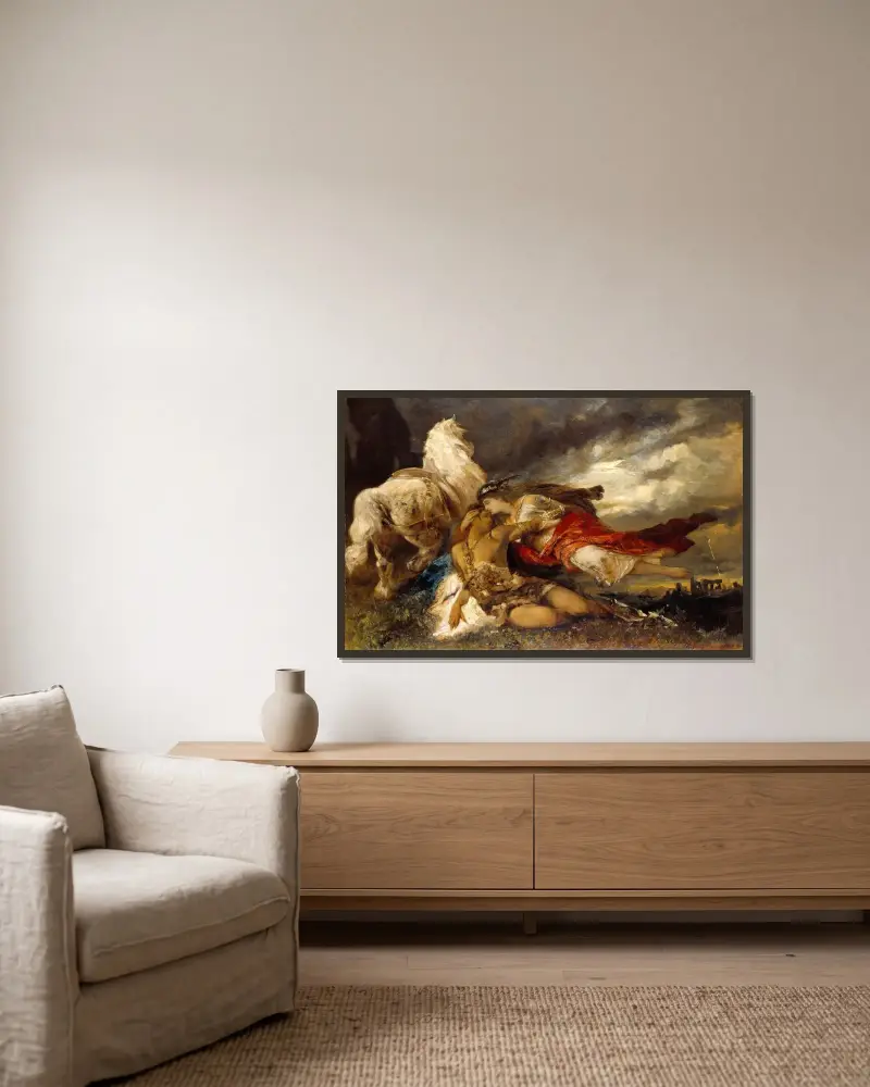 Valkyrie and a Dying Hero av Hans Makart inramad på en vägg