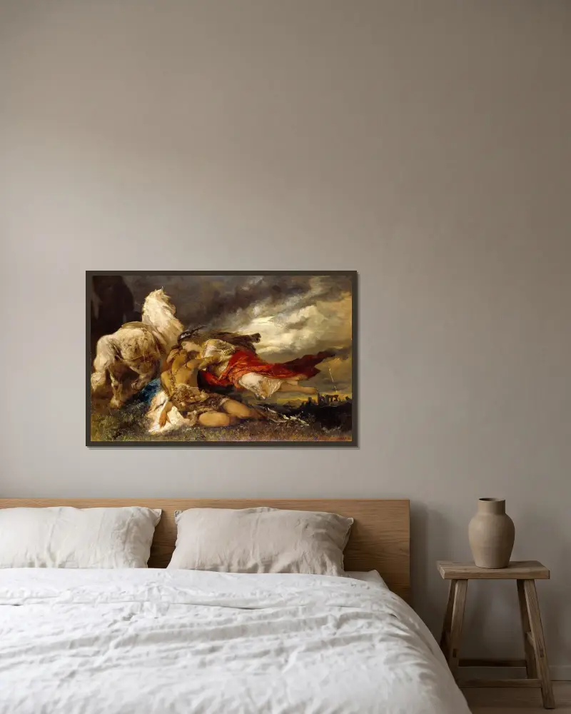 Valkyrie and a Dying Hero av Hans Makart inramad på en vägg