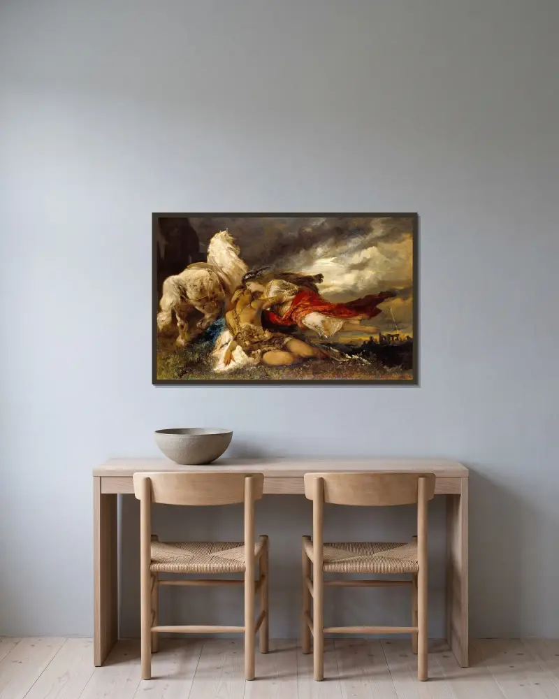 Valkyrie and a Dying Hero av Hans Makart inramad på en vägg