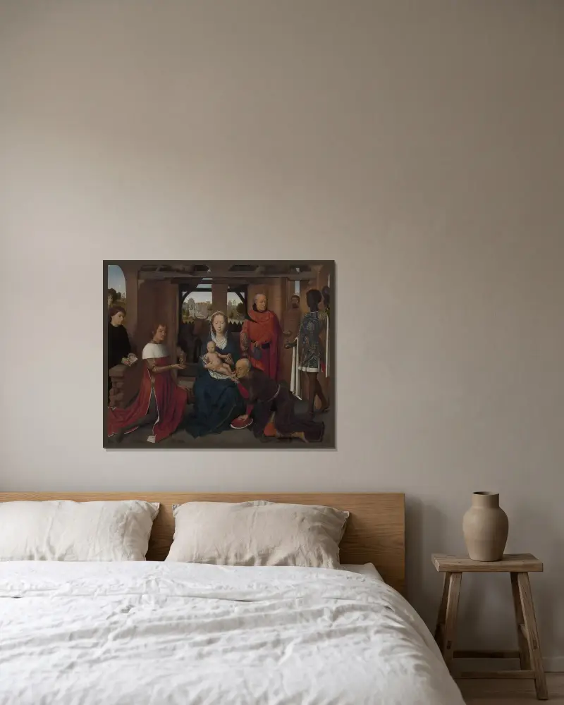 Adoration of the Magi av Hans Memling inramad på en vägg