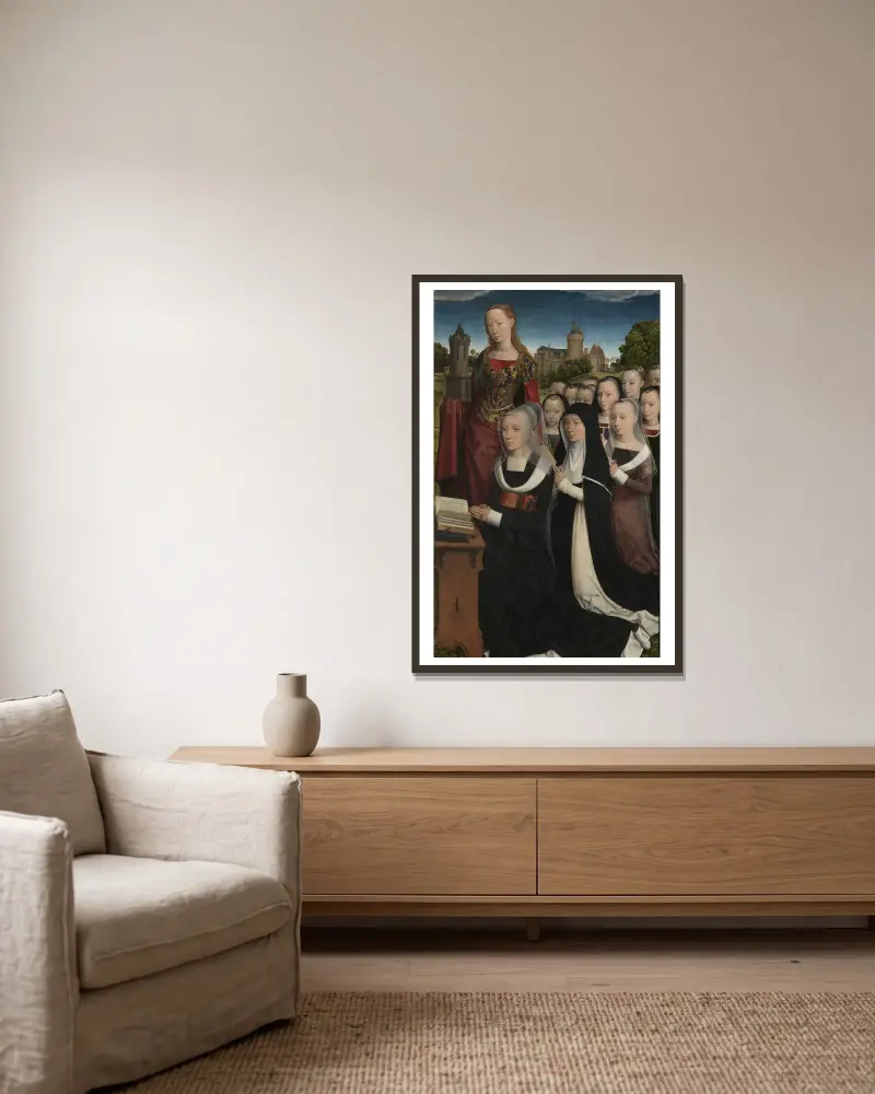 Barbara van Vlaenderbergh with her Daughters and Patron Saint av Hans Memling inramad på en vägg