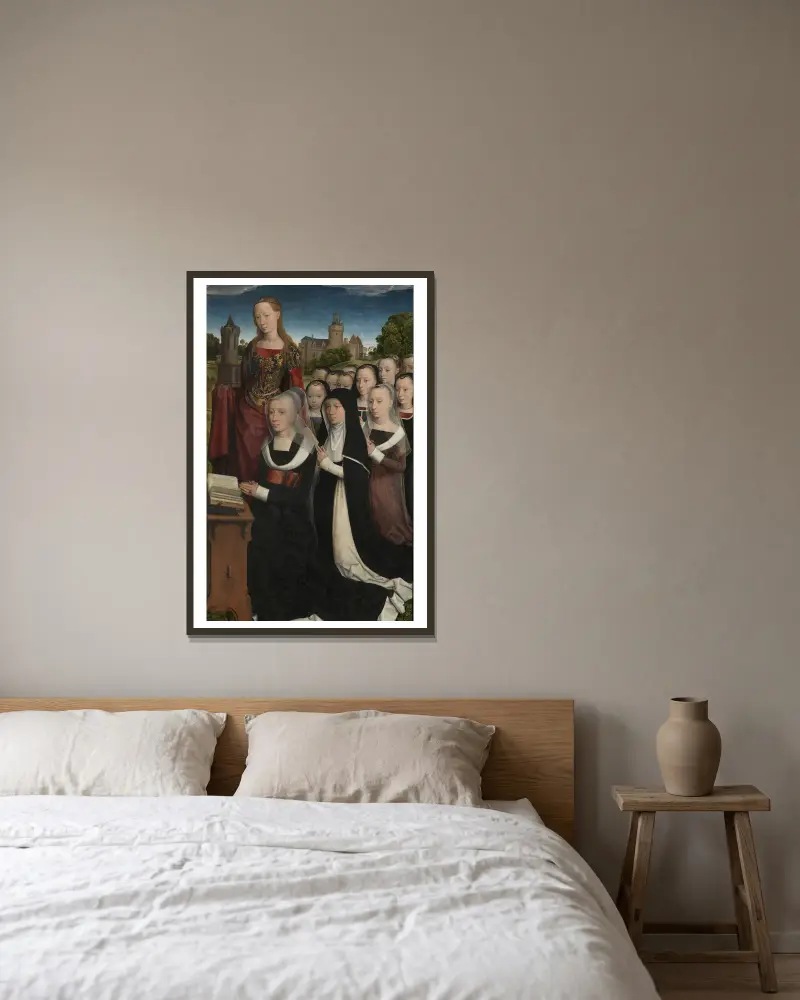 Barbara van Vlaenderbergh with her Daughters and Patron Saint av Hans Memling inramad på en vägg