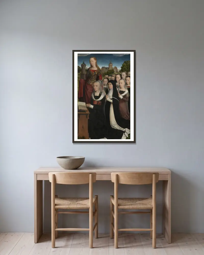 Barbara van Vlaenderbergh with her Daughters and Patron Saint av Hans Memling inramad på en vägg