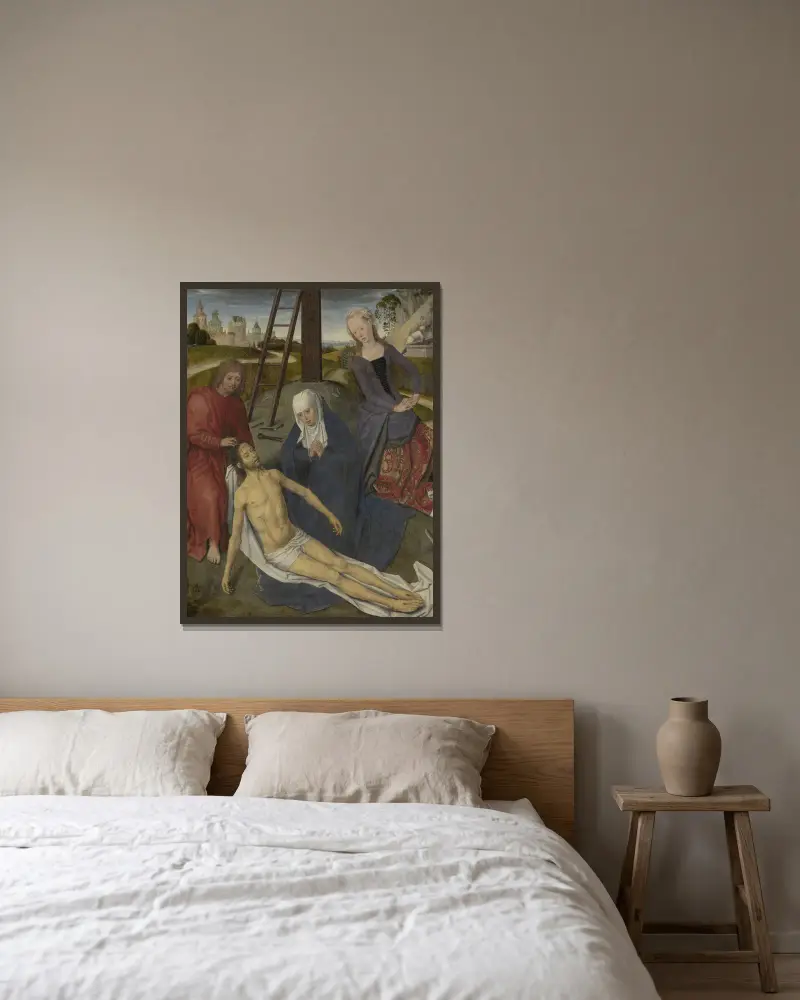 Beweinung auf dem Berg Golgota von Hans Memling gerahmt an einer Wand