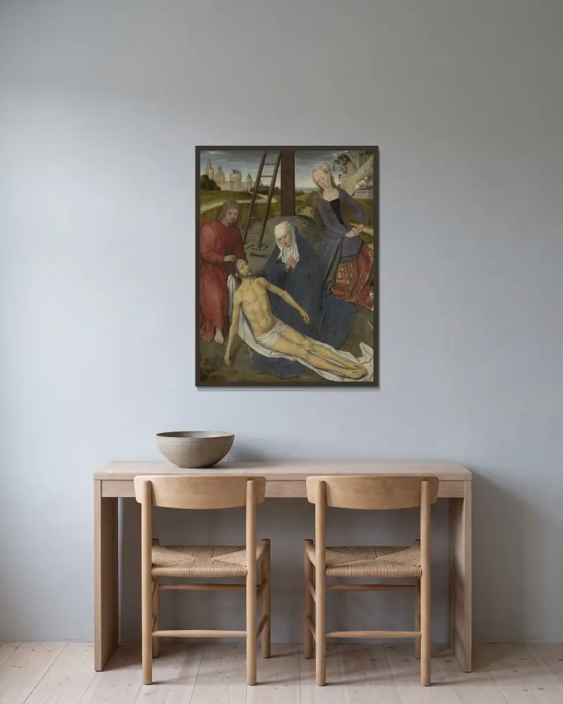 Beweinung auf dem Berg Golgota von Hans Memling gerahmt an einer Wand