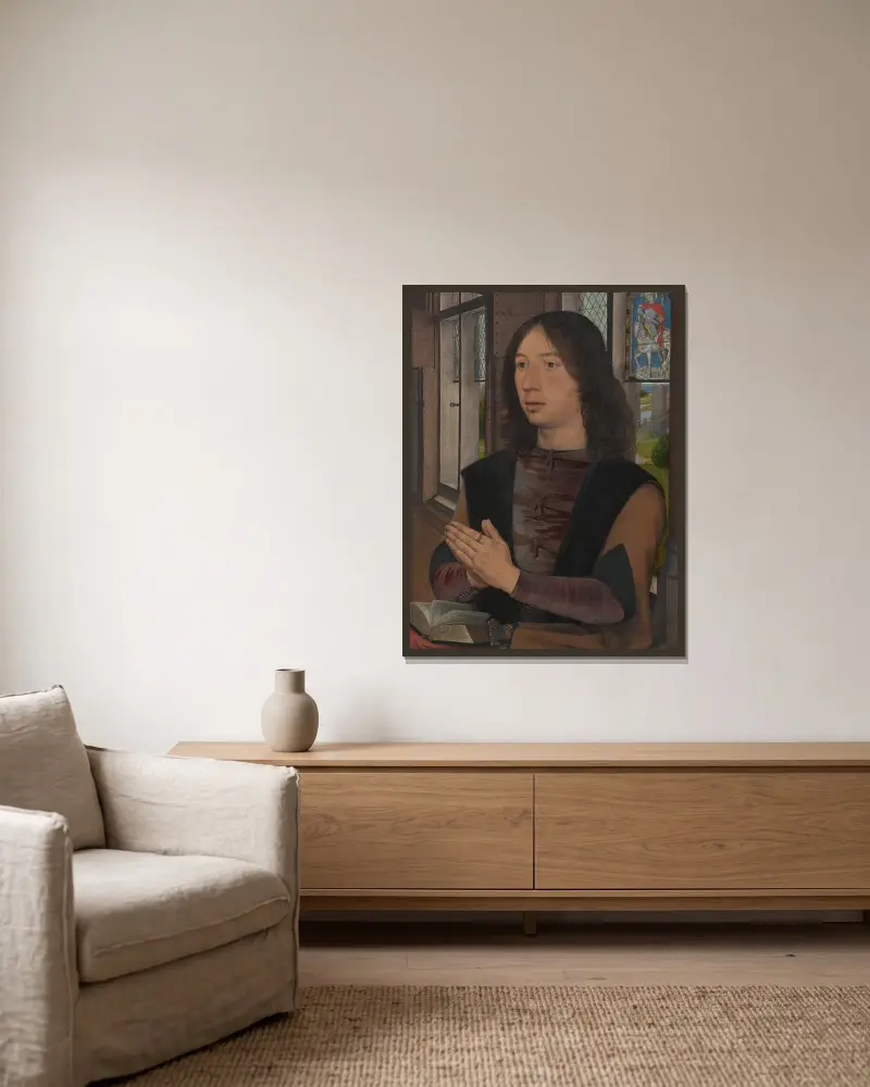 Maarten van Nieuwenhove av Hans Memling inramad på en vägg