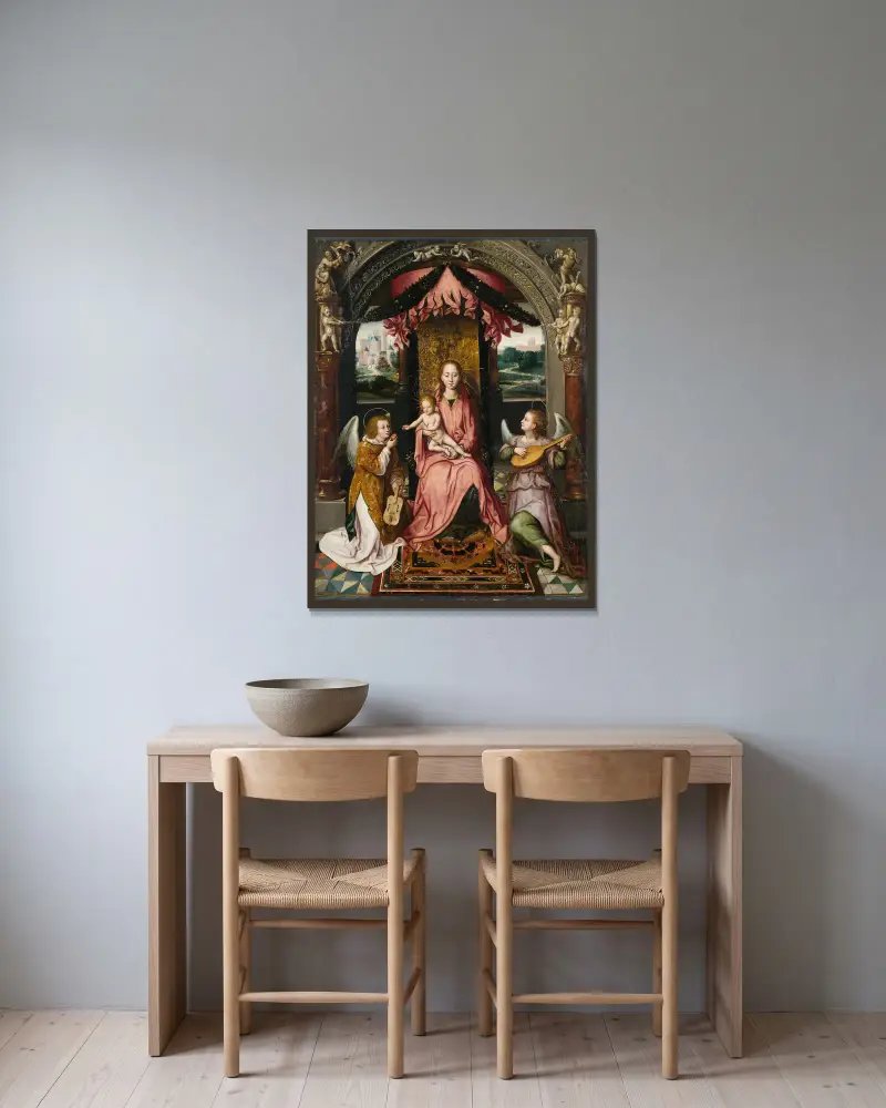 Madonna and Child av Hans Memling inramad på en vägg