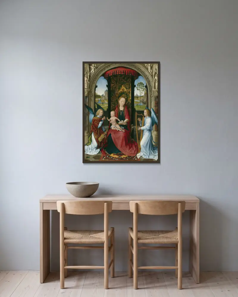 Madonna and Child with Angels av Hans Memling inramad på en vägg