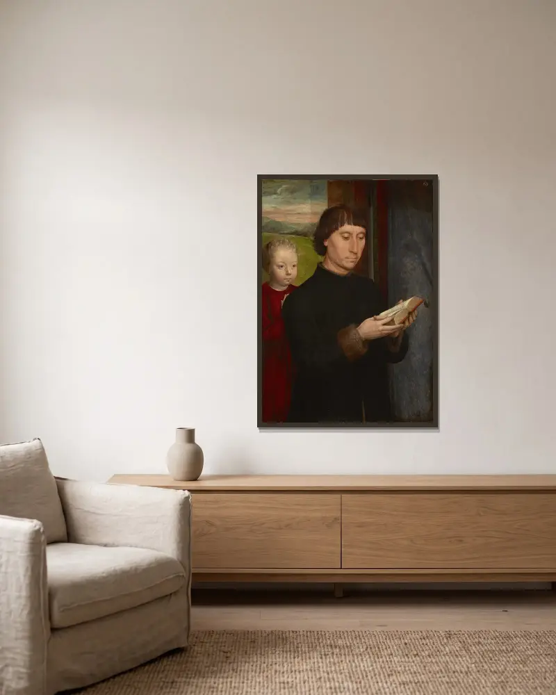 Portrait of a man reading av Hans Memling inramad på en vägg