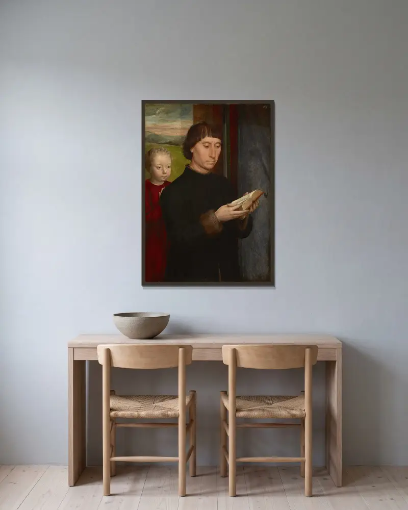 Portrait of a man reading av Hans Memling inramad på en vägg