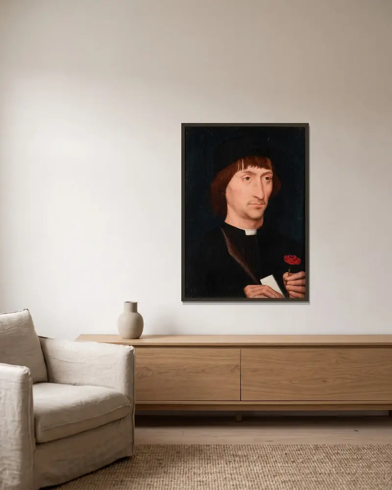 Portrait of a Man with a Pink av Hans Memling inramad på en vägg