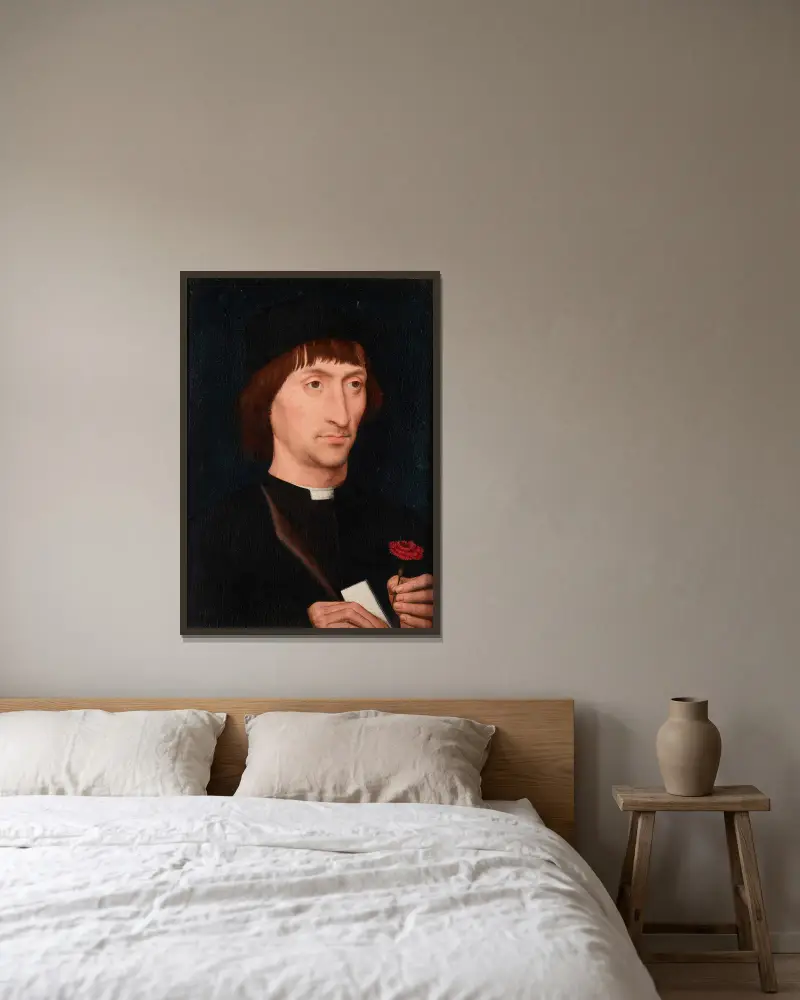 Portrait of a Man with a Pink av Hans Memling inramad på en vägg