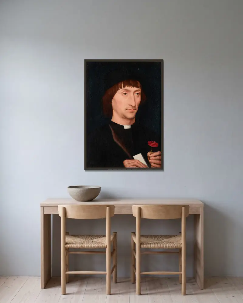 Portrait of a Man with a Pink av Hans Memling inramad på en vägg
