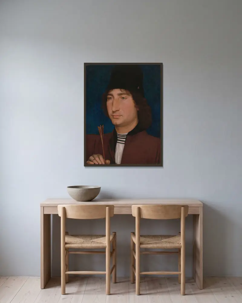 Portrait of a Man with an Arrow av Hans Memling inramad på en vägg