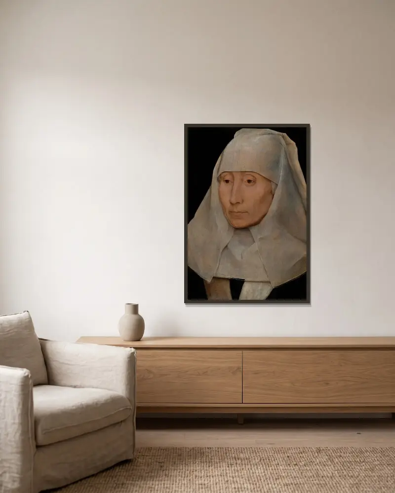 Porträtt av en äldre kvinna av Hans Memling inramad på en vägg