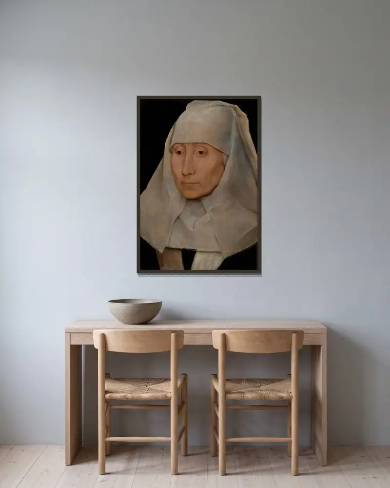 Porträtt av en äldre kvinna av Hans Memling inramad på en vägg