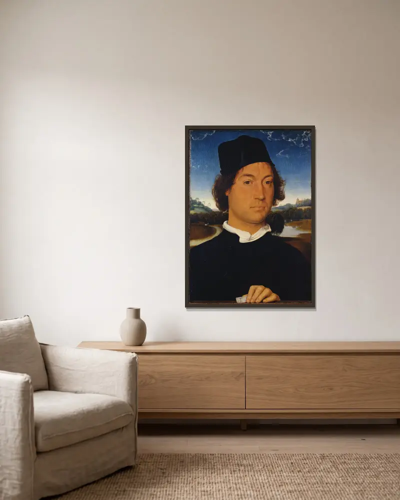 Bildnis eines unbekannten Mannes mit einem Brief von Hans Memling gerahmt an einer Wand