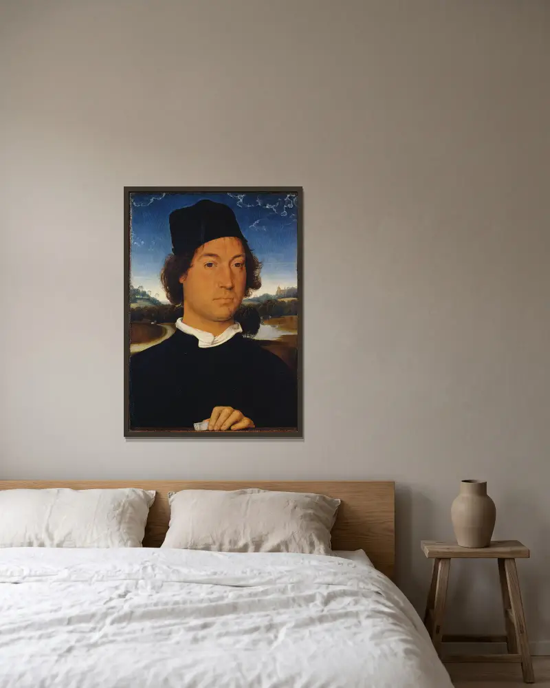 Bildnis eines unbekannten Mannes mit einem Brief von Hans Memling gerahmt an einer Wand