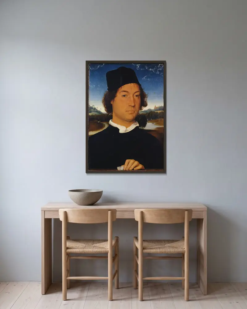 Bildnis eines unbekannten Mannes mit einem Brief von Hans Memling gerahmt an einer Wand