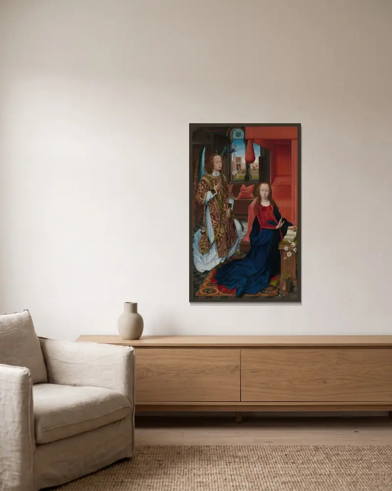 Bebådelsen av Hans Memling inramad på en vägg