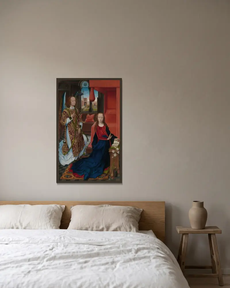 Bebådelsen av Hans Memling inramad på en vägg