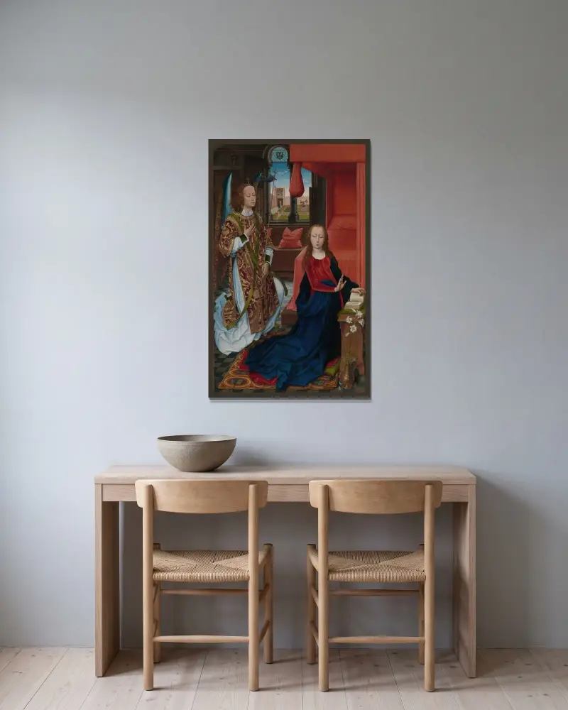 Bebådelsen av Hans Memling inramad på en vägg