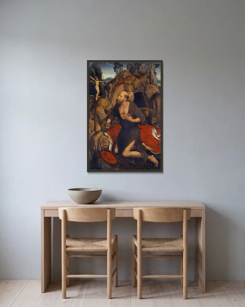 The Penitence of Saint Jerome av Hans Memling inramad på en vägg