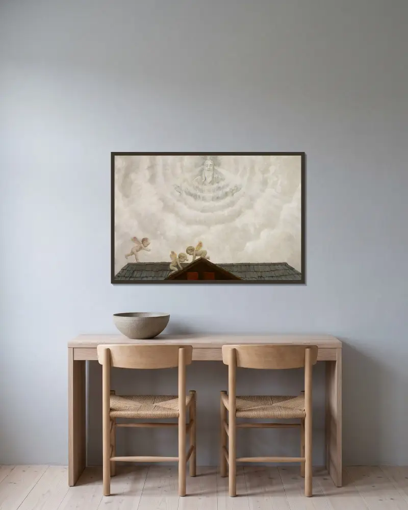 Gott der Vater über dem Schuppen von Hans Thoma gerahmt an einer Wand