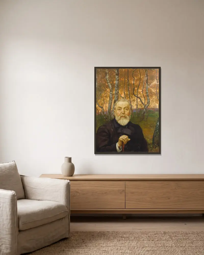Self-Portrait in front of a Birch Forest av Hans Thoma inramad på en vägg