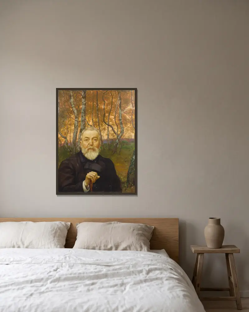 Self-Portrait in front of a Birch Forest av Hans Thoma inramad på en vägg