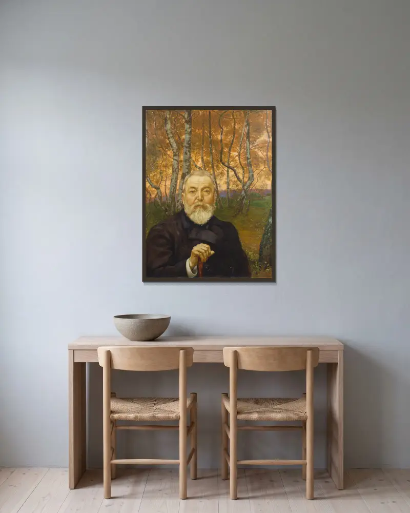 Self-Portrait in front of a Birch Forest av Hans Thoma inramad på en vägg