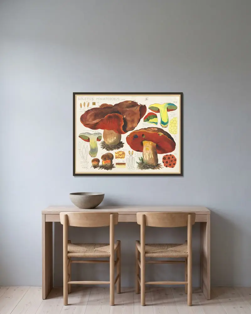 Boletus miniatoporus Secr. av Hans Walty inramad på en vägg