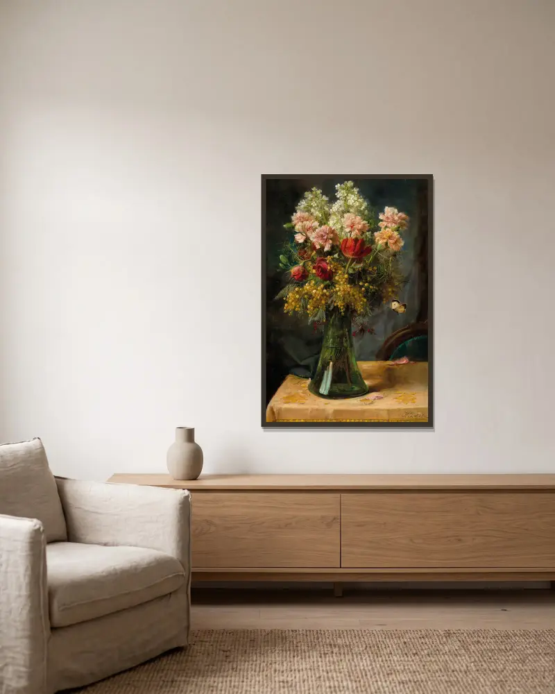 A Bouquet of Flowers with Tulips and Carnations in a Glass Vase with Butterfly av Hans Zatzka inramad på en vägg