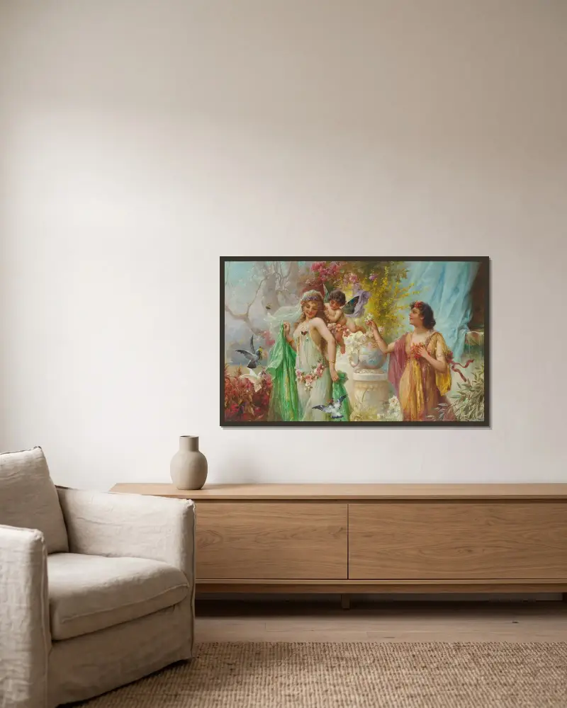 En klassisk idyll av Hans Zatzka inramad på en vägg