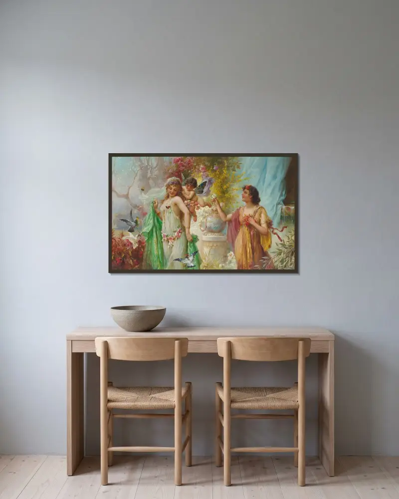 En klassisk idyll av Hans Zatzka inramad på en vägg