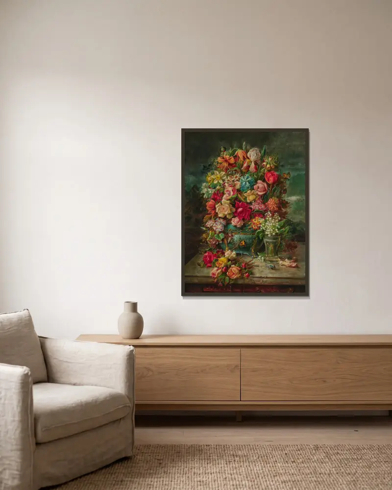 A Large Bouquet of Flowers with Lily of the Valley in Vase av Hans Zatzka inramad på en vägg