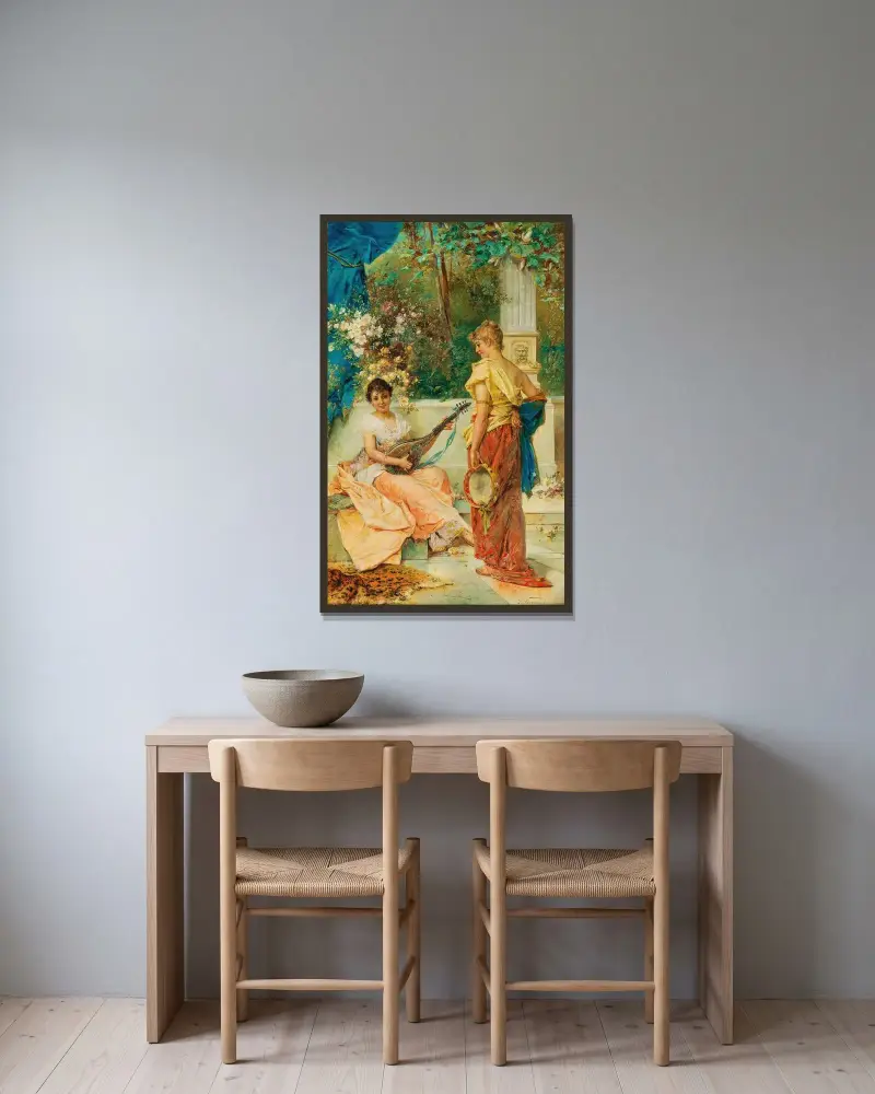 En glad melodi av Hans Zatzka inramad på en vägg