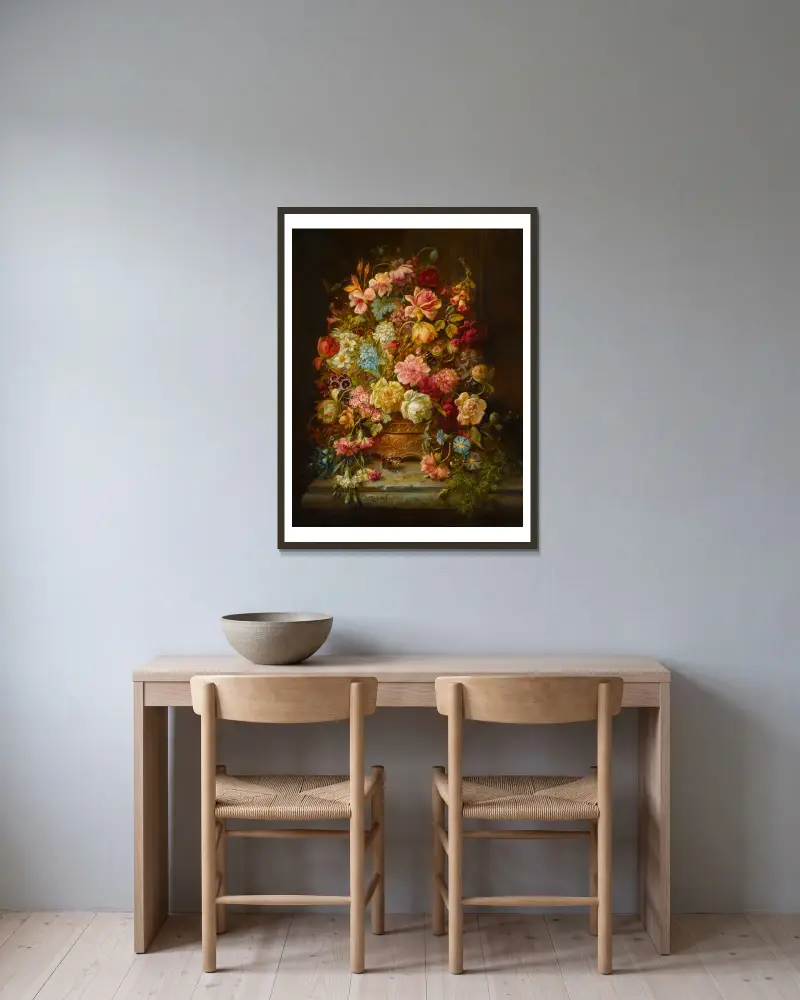 A still life with flowers in a jardiniere resting on a ledge av Hans Zatzka inramad på en vägg